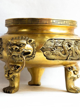 大号盘香炉摆件三足黄铜鼎佛堂寺庙道观家居供佛具双龙戏珠盆金属