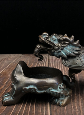 黄铜彩蓝龙龟香炉香薰炉黄铜香炉摆件办公室摆饰家居工艺品送锦盒