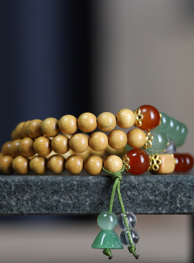 檀香木双圈手链DIY国风文玩佛珠手串配饰男女情侣款念珠手饰木串