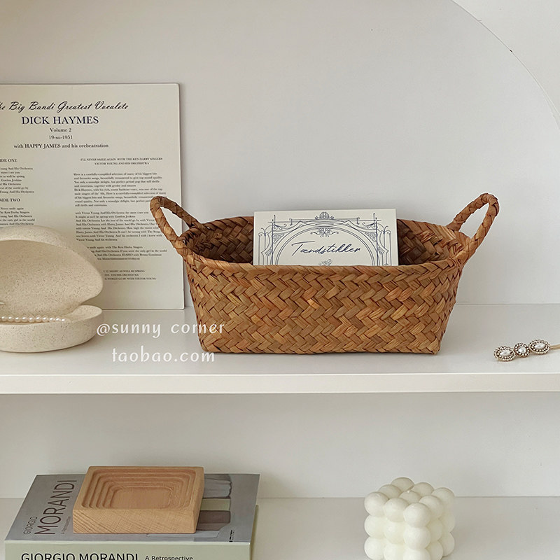 ins草编手提收纳筐零食餐具杂物置物篮桌面护肤品收纳盒储物篮子,淘宝优惠券,粉丝福利购,淘宝优惠卷