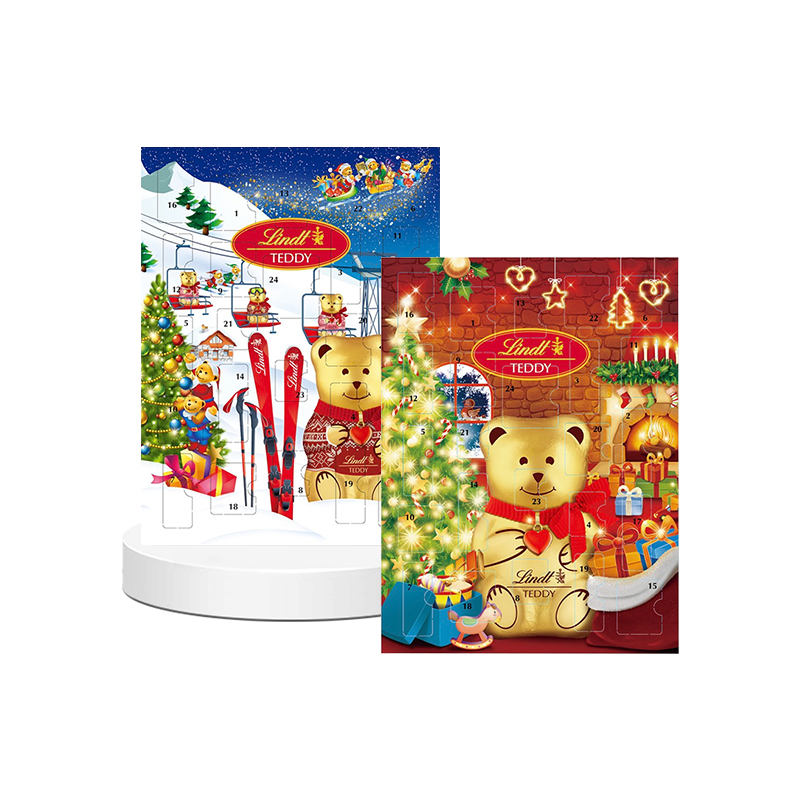 Lindt瑞士莲泰迪熊倒数日历巧克力礼盒趣味圣诞节日送礼进口零食