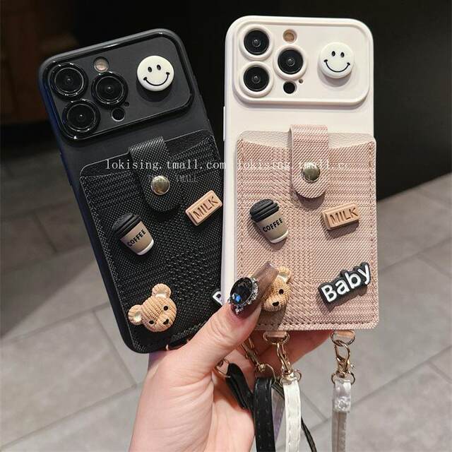 Bear card bag female star same style suitable for iphone15 mobile phone case 15Pro crossbody 14promax female 12pro Apple 13 coin purse 11 three-dimensional Xsmax lanyard 8plus smiley face XR