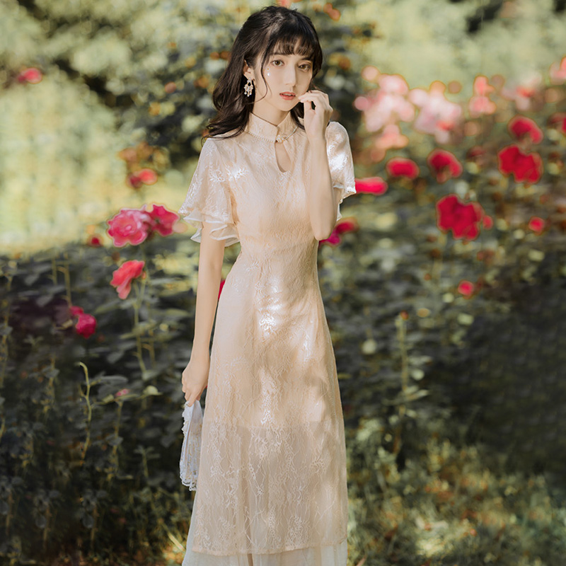 潮牌夏季法式复古改良版旗袍少女甜美民国风修身气质仙温柔连衣裙