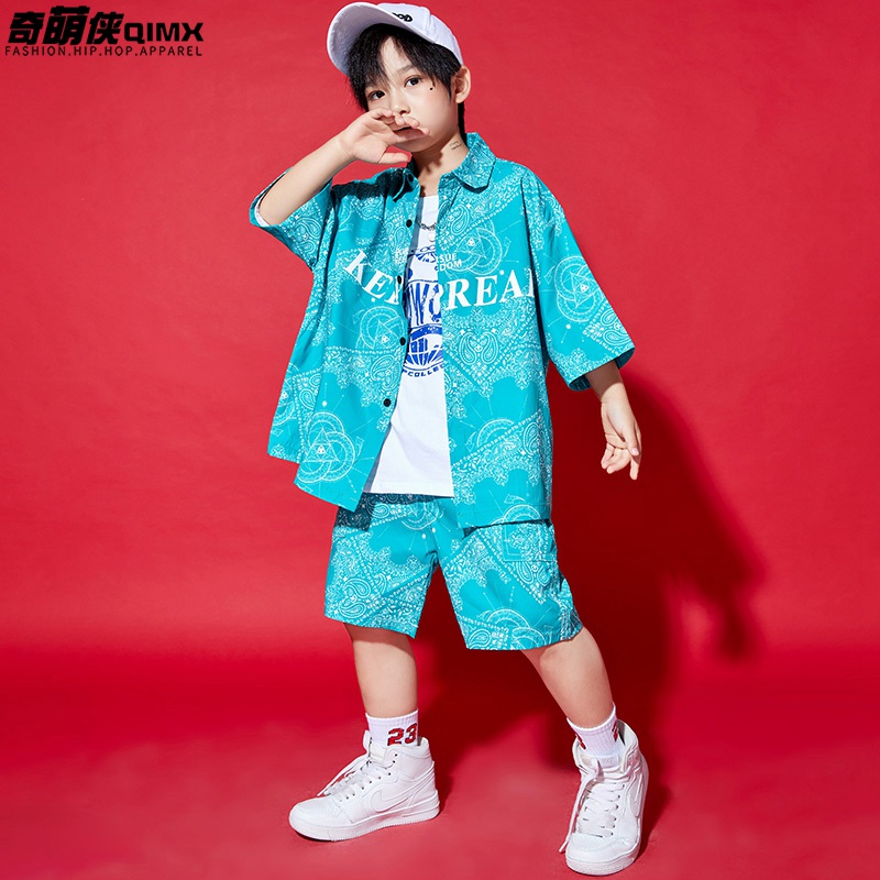 街舞儿童潮服套装男童短袖衬衫夏季hiphop女童嘻哈炸街演出服帅气