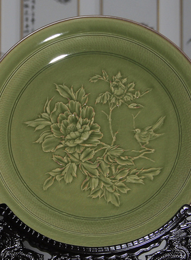 龙泉宋元青瓷豆青釉挂盘陶瓷创意工艺品家居客厅装饰玄关博古摆设