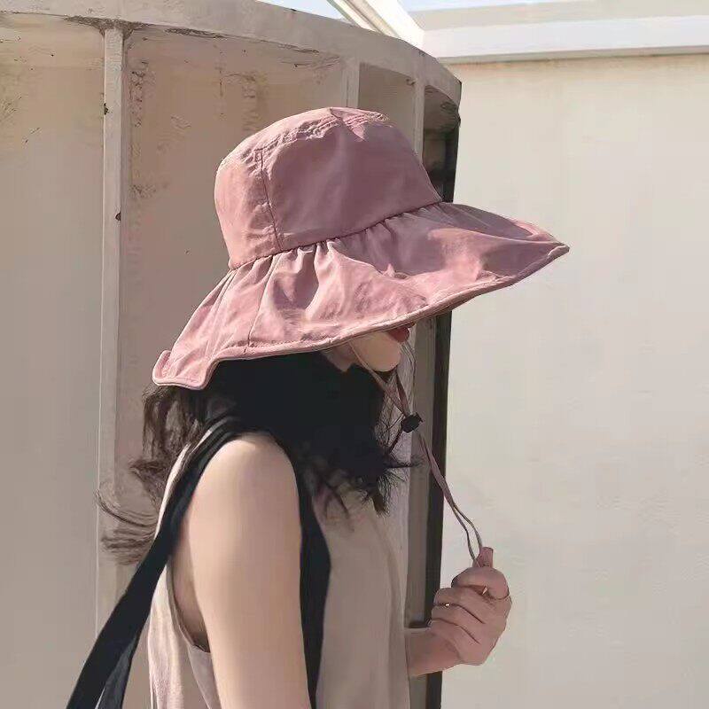 UV黑胶防晒遮阳帽子女夏遮脸防紫外线太阳帽户外骑车大帽檐渔夫帽