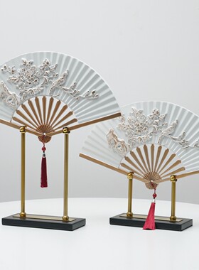 新中式陶瓷扇形山水花鸟摆件