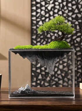 新中式创意禅意山水倒影仿真迎客松微景观艺术品摆件客厅玄关软装