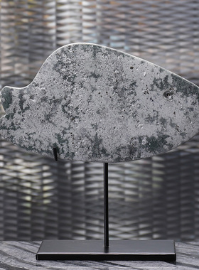 新中式创意雕刻鱼玉璧客厅书房会所酒柜装饰样板房间办公桌工艺品