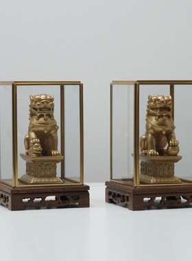 新中式树脂狮子玻璃罩摆件一对