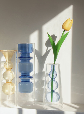 全新创意欧式双层内结玻璃花瓶 家居饰品水培插花器摆件