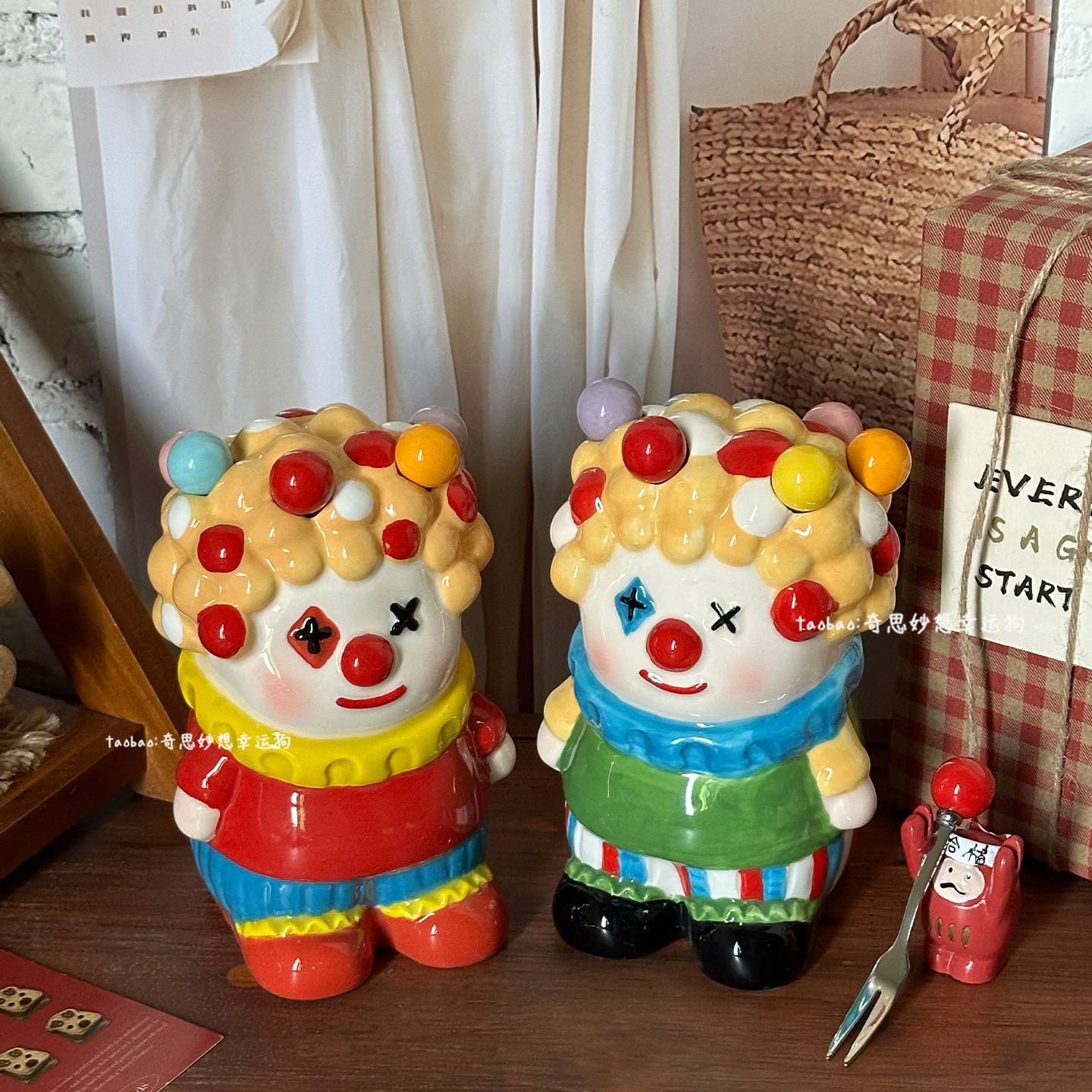 马戏团小丑果叉罐儿童安全可爱甜品叉陶瓷收纳罐套装创意摆件礼品,淘宝优惠券,粉丝福利购,淘宝优惠卷