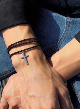 欧美跨境多层编织十字架手链男时尚个性黑色手镯民族风手饰