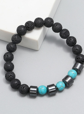 时尚男士饰品亚马逊wish串珠手链欧美复古火山石弹力手串跨境