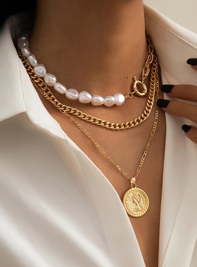 欧美跨境多层项链美人头项链简约流行多层项链美人头珍珠项链欧美