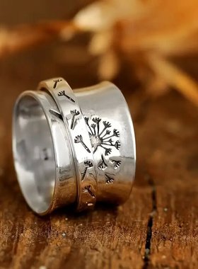 华杰热卖复古老式朋克指环 雕刻蒲公英戒指 简单时尚植物霸气戒指