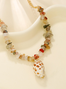 紫色贝壳不规则水晶碎石拼接项链链条颈饰女饰品波西米亚风