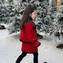 Girl Little Scents Wind Suit Winter 2023 New Foreign Air Clips Cotton Girl Beiyr Clothes Red Children New Year Winter Dress