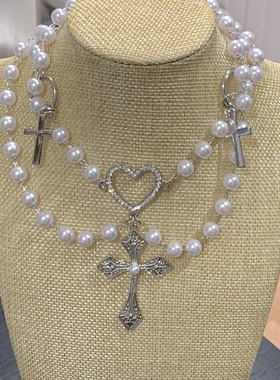 sweetbones爱心十字架珍珠双层项链辣妹甜酷风