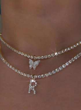 sweetbones定制字母锆石项链蝴蝶项链choker质感辣妹ins