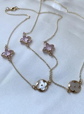 sweetbones千金感辣妹贝母四叶草项链粉色锆石项链