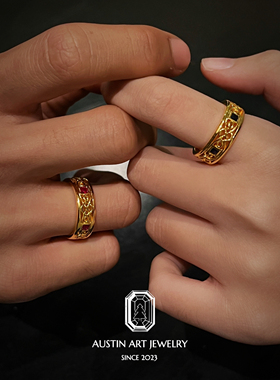 AUSTIN翱森·复古镂空中性风指环 戒指 培育红宝石925银镀18K金