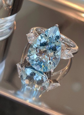 海蓝宝白金克拉钻石戒指