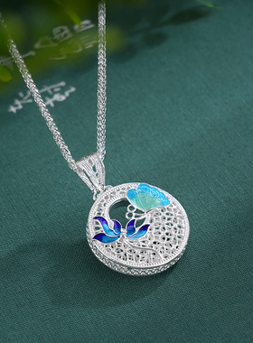 子佩集S990银【花蝶之恋】套链【MXTL032】纯银花丝珐琅彩项链250