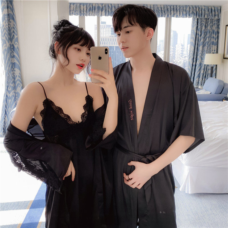 情侣春秋冰丝黑色性感吊带男士睡裙 蕾贝姿睡衣/家居服套装