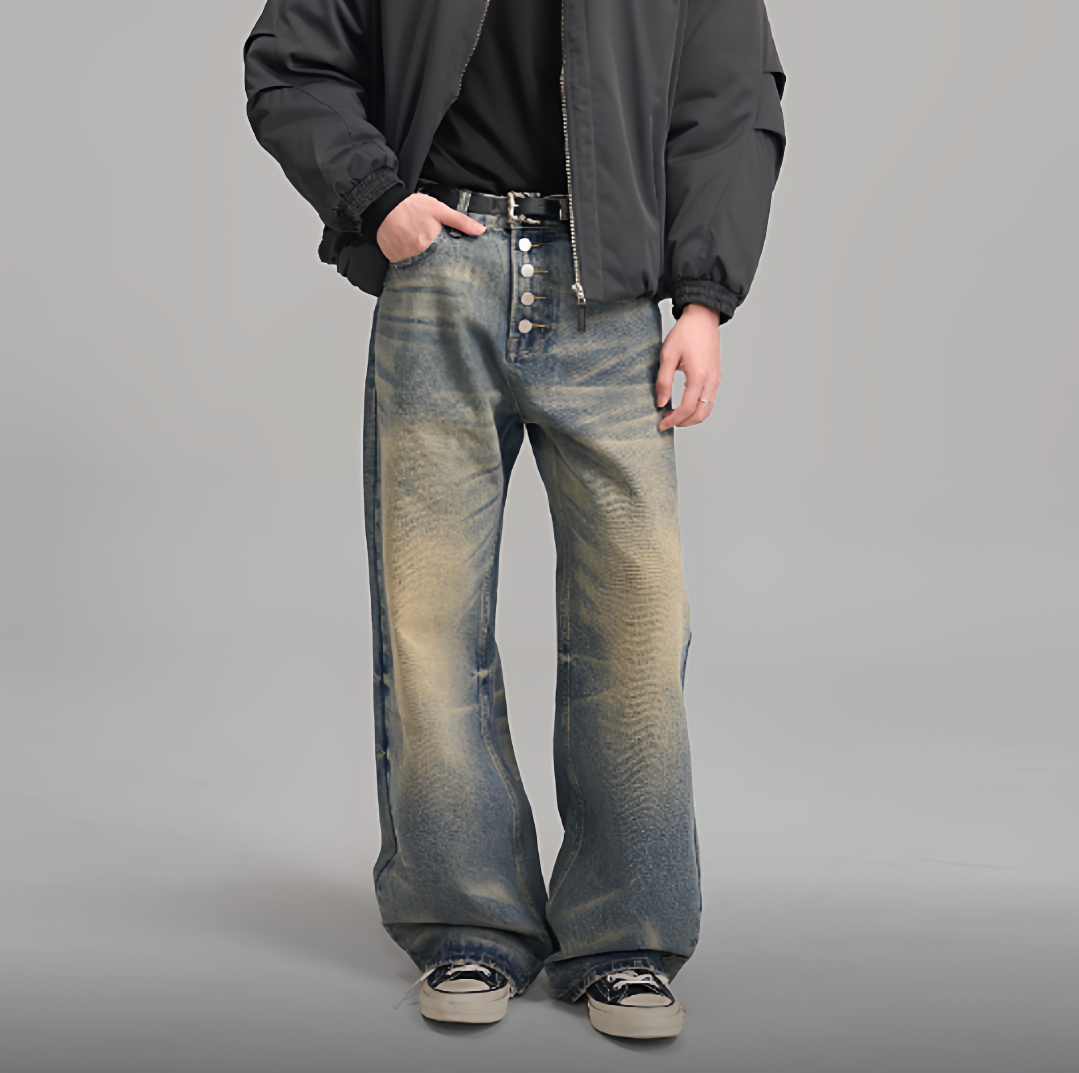 PilotDragon 美式复古猫须排扣水洗做旧直筒宽松牛仔裤 男女同款 - 图0