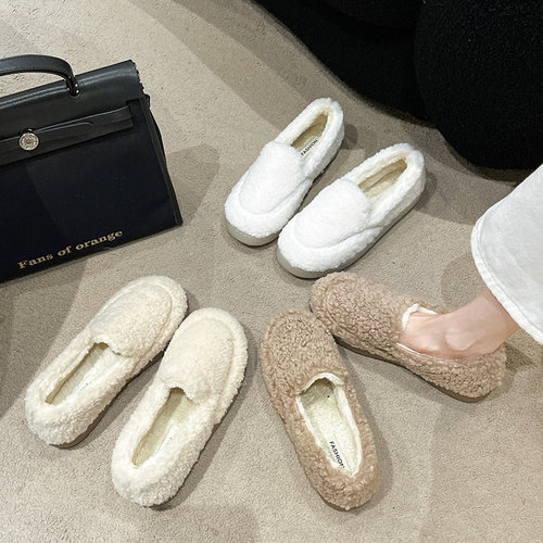 羊羔毛毛鞋女2026新款外穿白色加绒豆豆鞋秋冬季一脚蹬懒人棉鞋子 - 图2