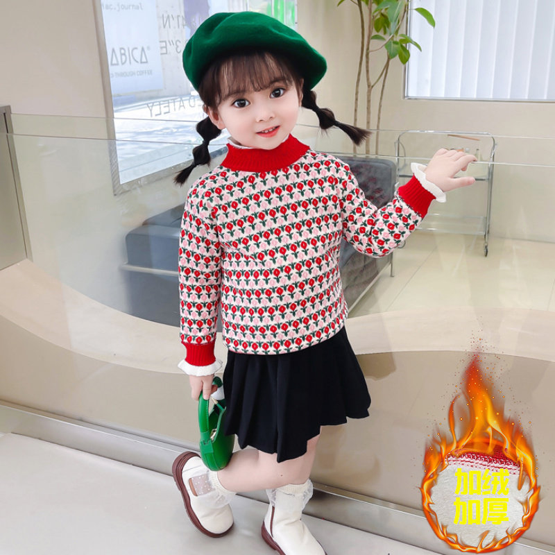 男童女童一体加绒毛衣秋冬款洋气套头毛衣宝宝百搭上衣打底外穿