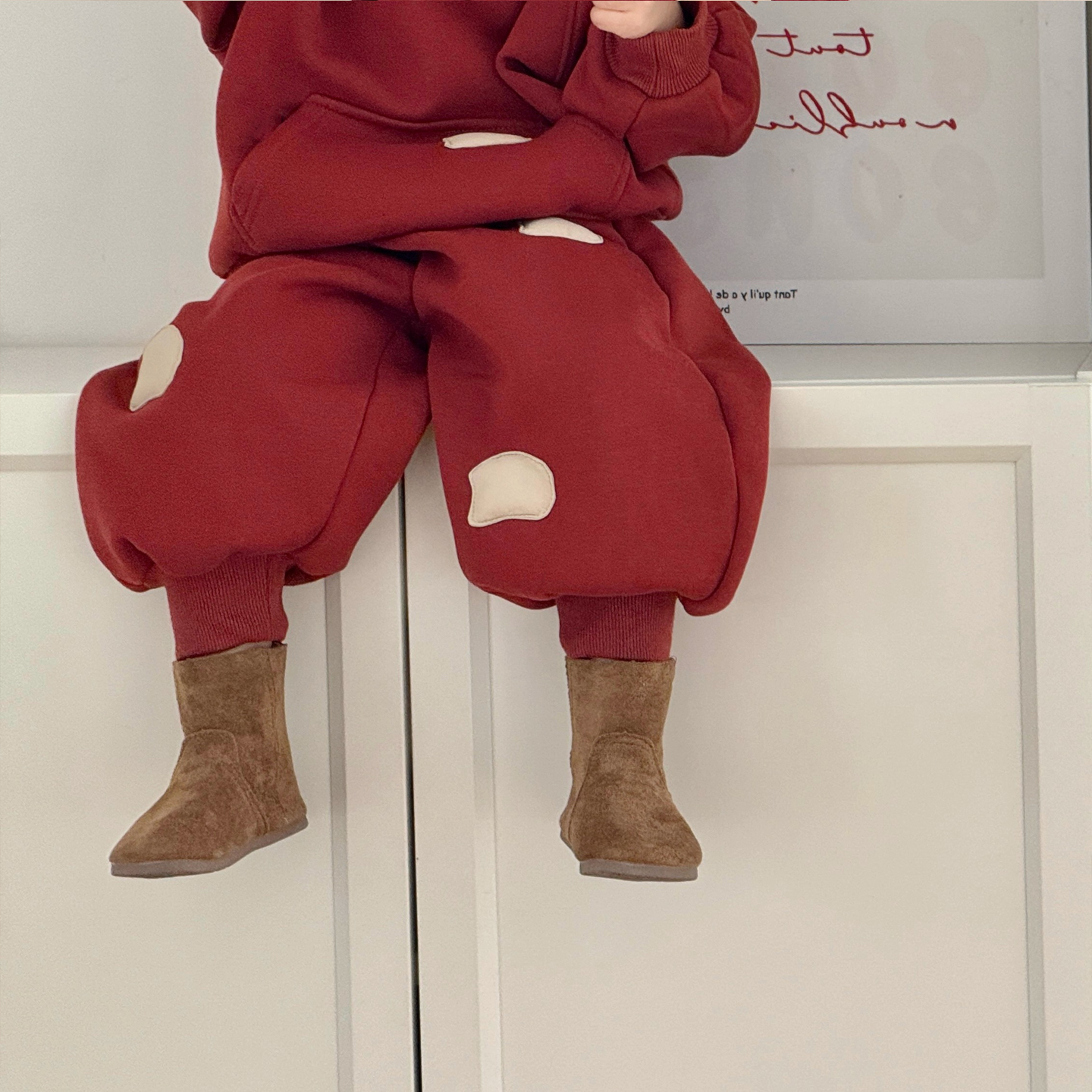 女童加绒卫衣套装一体绒冬季新款儿童运动裤小女孩宝宝红色过年服 - 图0