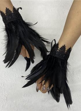 亚马逊羽毛手环万圣节表演舞会蕾丝手套腕带哥特风格手腕配饰袖套