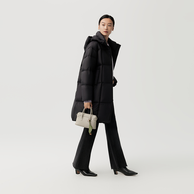 indicia标记商场冬季蓬松连帽黑色羽绒服外套中长款女 F2D4YR797F - 图2
