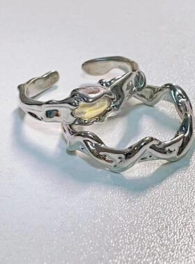 月光石不规则戒指波浪几何指环男女百搭开口可调节对戒轻奢礼物