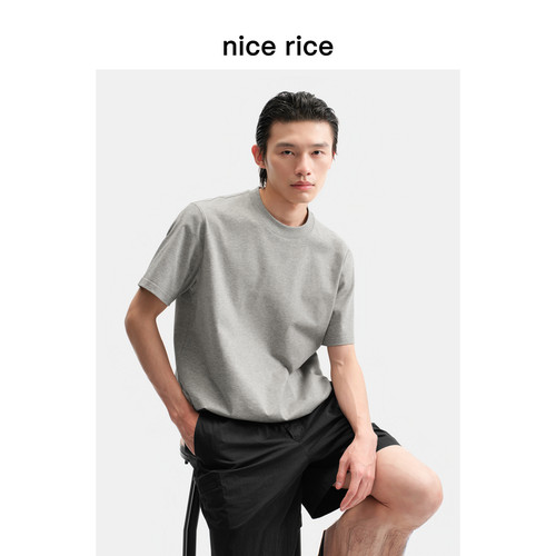 nice rice好饭 夏季255G全棉花纱圆领宽松休闲短袖T恤男NHX02095 - 图1