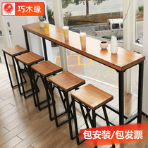 Solid Wood Bar Table With Wall Milk Tea Coffee Tea Restaurant Shop Table And Chairs Combined Iron Art High Foot Long Table American Bar Terrace