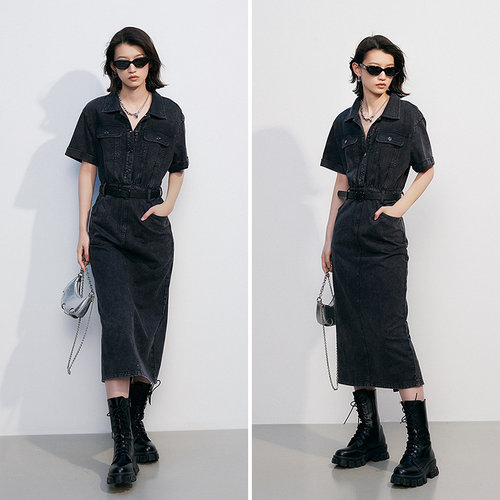 FF仿佛连衣裙2025秋新款复古翻领修身女短袖气质收腰 - 图2