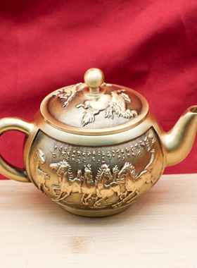 黄铜大号八骏马茶壶转转壶意茶具家居办公会客茶几装饰桌面摆件铜