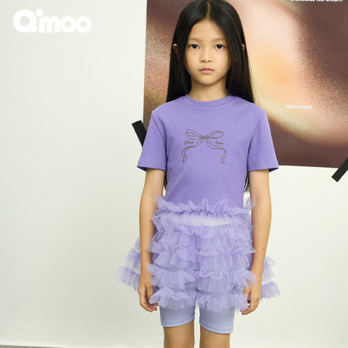 Qimoo淇木25夏季新款童装女童时髦印花针织拼纱连衣裙QSS2TP330C - 图0