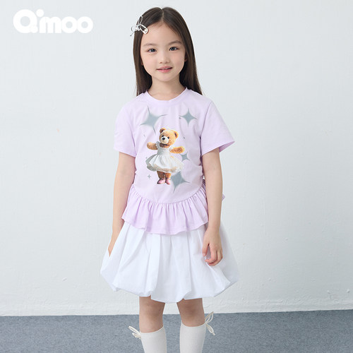 Qimoo淇木25夏季新款童装女童休闲舒适时尚T恤QSS2TC669X - 图1