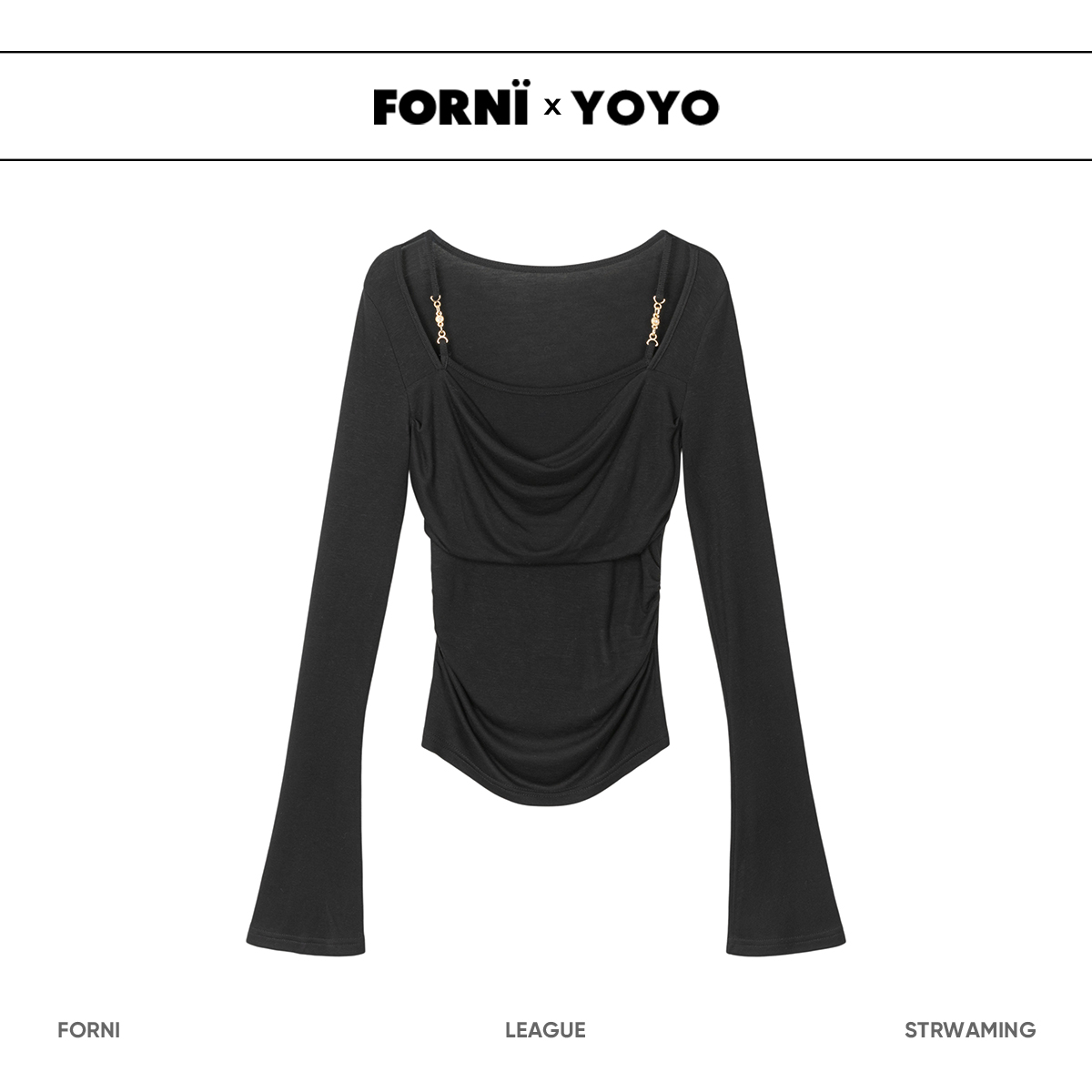 FORNI× YOYO闲趣Timing设计师款肩带设计上衣显瘦长袖辣妹黑色-图2