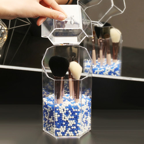 透明化妆刷桶带珍珠桌面防尘带盖美妆刷子放眉笔眼影化妆品收纳盒 - 图3