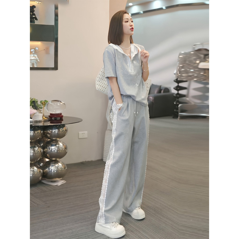 2025夏季新款穿搭配减龄显瘦时尚休闲运动蕾丝短袖长裤一整套装女 - 图0