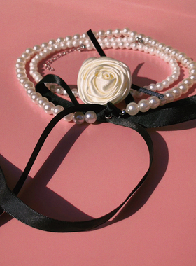 张昕My Rosebar玫瑰花朵双层珍珠项链黑色丝带choker原创设计时尚