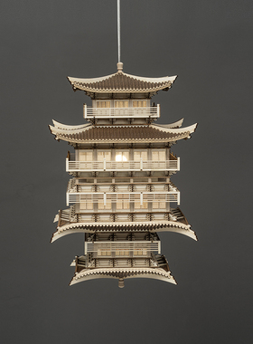 优选新中式禅g意国风创意古建筑镜像山水悬挂木雕装置吊饰酒店民