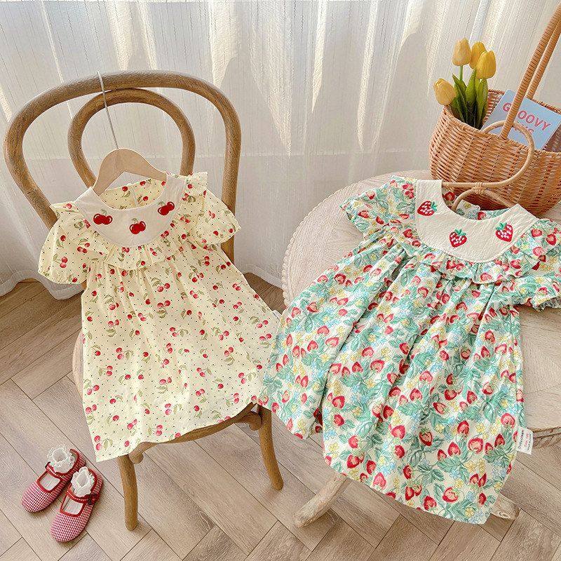 草莓刺绣荷叶边女童连衣裙 2025夏新款水果印花儿童短袖娃娃裙子,淘宝优惠券,粉丝福利购,淘宝优惠卷