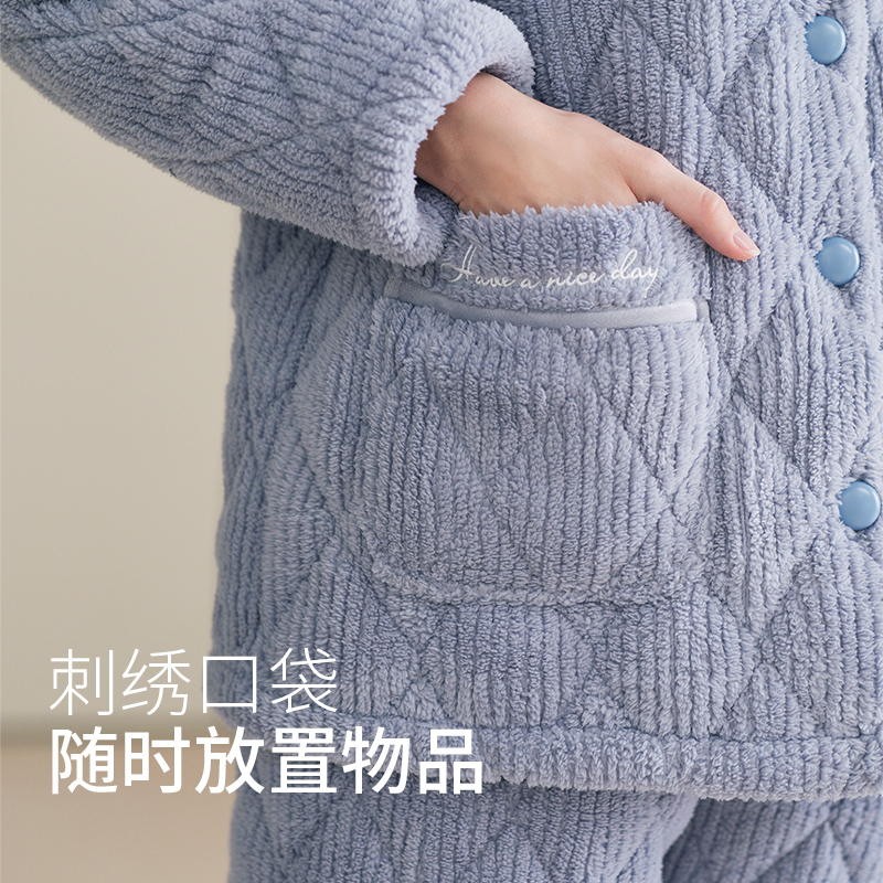 芬腾冬季珊瑚绒夹棉睡衣女士加厚法兰绒棉袄秋冬款家居服保暖套装
