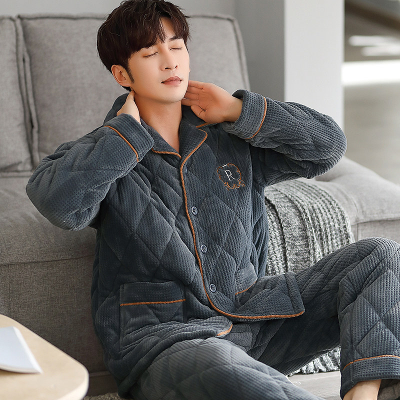 芬腾冬季珊瑚绒夹棉睡衣男三层加厚保暖冬天男士法兰绒家居服套装,淘宝优惠券,粉丝福利购,淘宝优惠卷